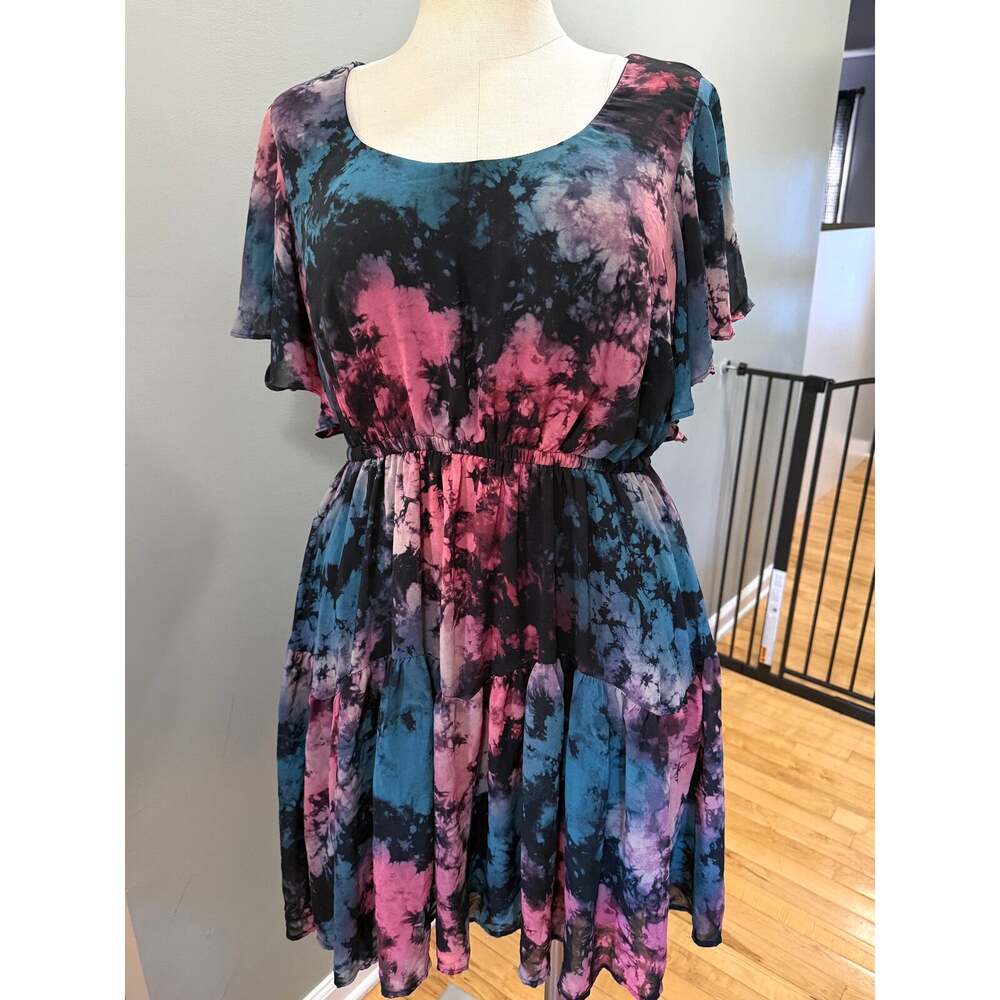 Torrid Tie Dye Chiffon Flutter Sleeve Tiered Skater Mini Dress Pockets Plus 2 2X